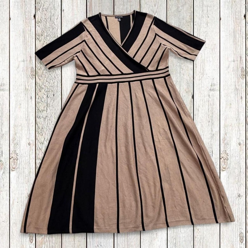 Nina Leonard Womens Fit Flare Dress Tan Black Striped Faux Wrap Knit XL